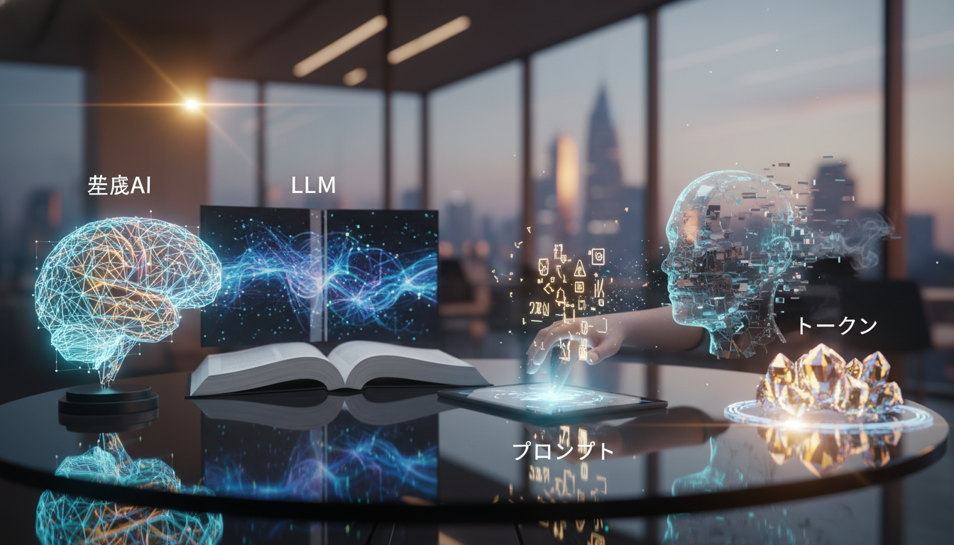 最初に押さえるべき5用語は「生成AI・LLM・プロンプト・ハルシネーション・トークン」です